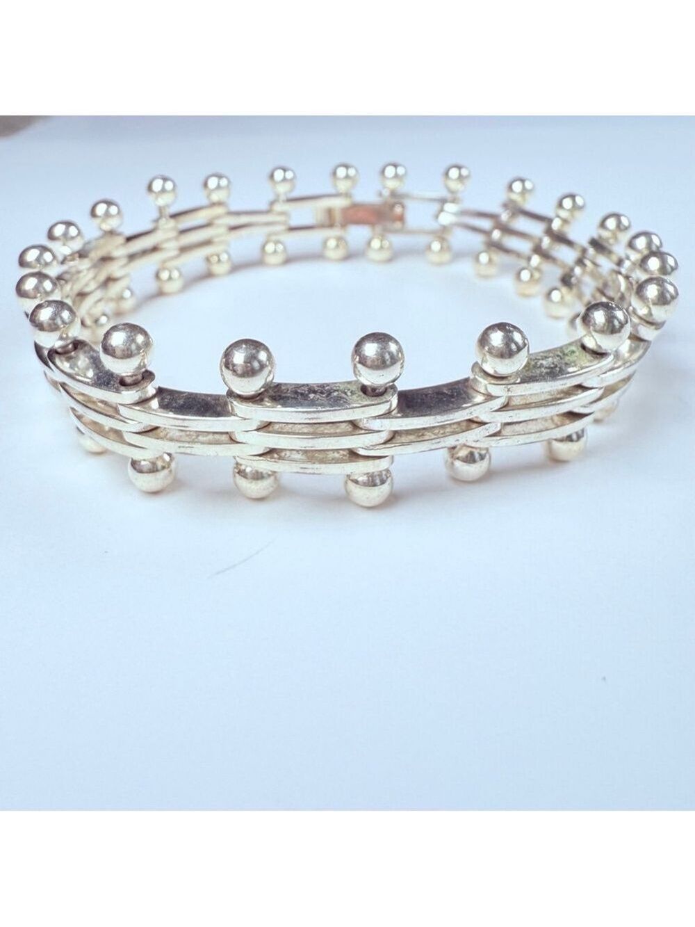 Modernist Sterling Silver DNA Ball & Bead Bar Link Sterling Silver VTG Bracelet